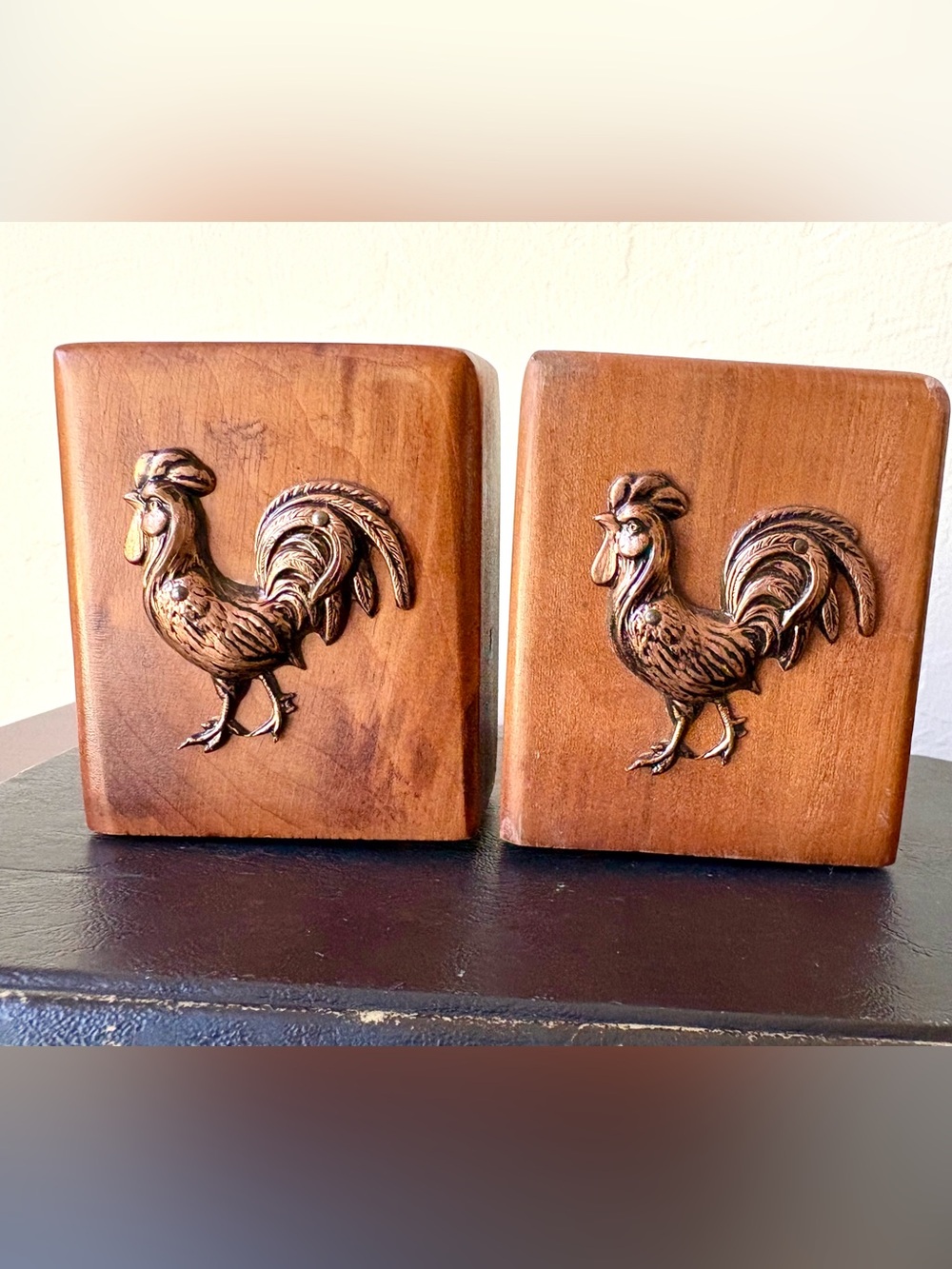 Vintage Menschik Goldman wood rooster salt and pepper shakers copper accents